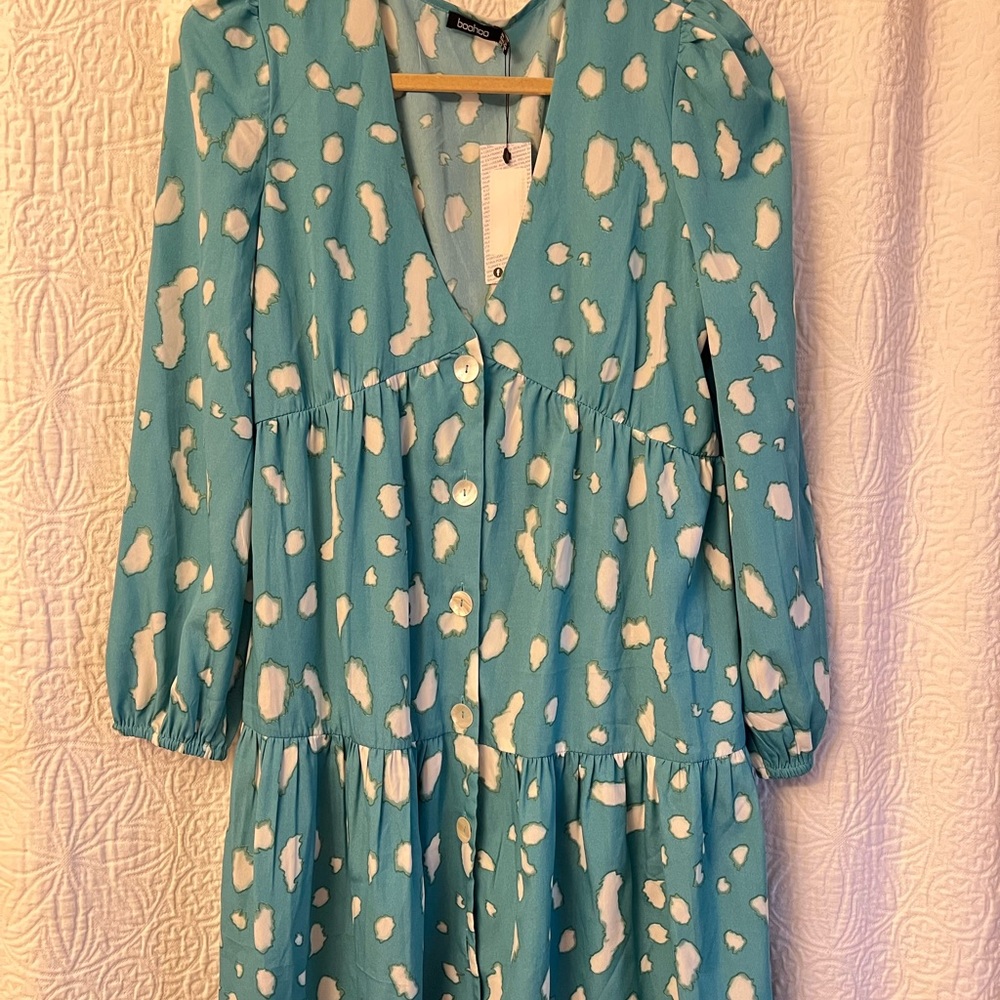 SMUDGE PRINT LONG SLEEVE TIERED SMOCK DRESS